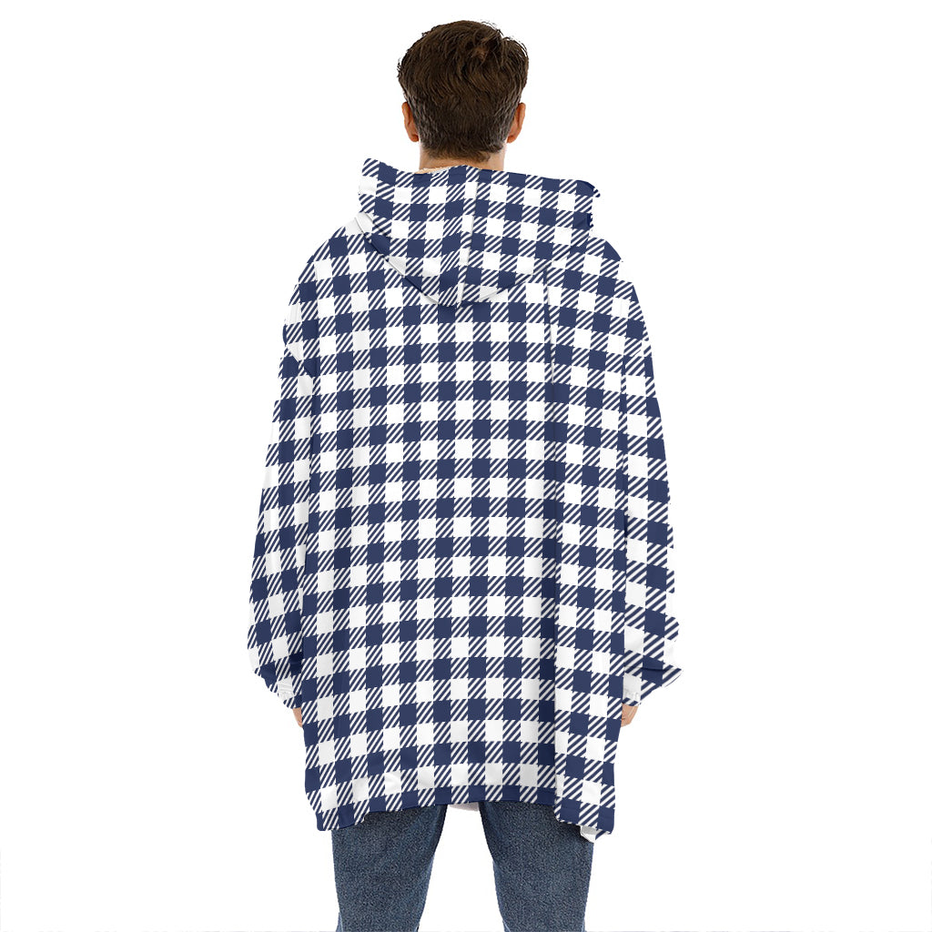 Navy And White Gingham Pattern Print Hoodie Blanket