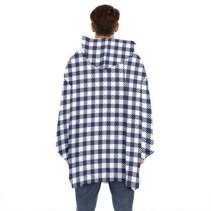 Navy And White Gingham Pattern Print Hoodie Blanket