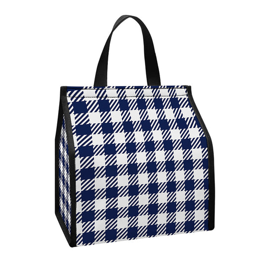 Navy And White Gingham Pattern Print Insulated Lunch Tote