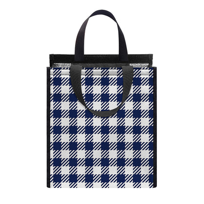Navy And White Gingham Pattern Print Insulated Lunch Tote