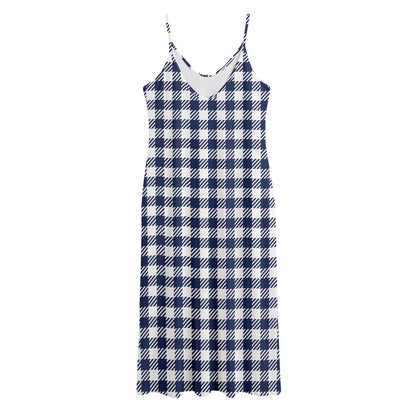 Navy And White Gingham Pattern Print Jersey Midi Cami Dress