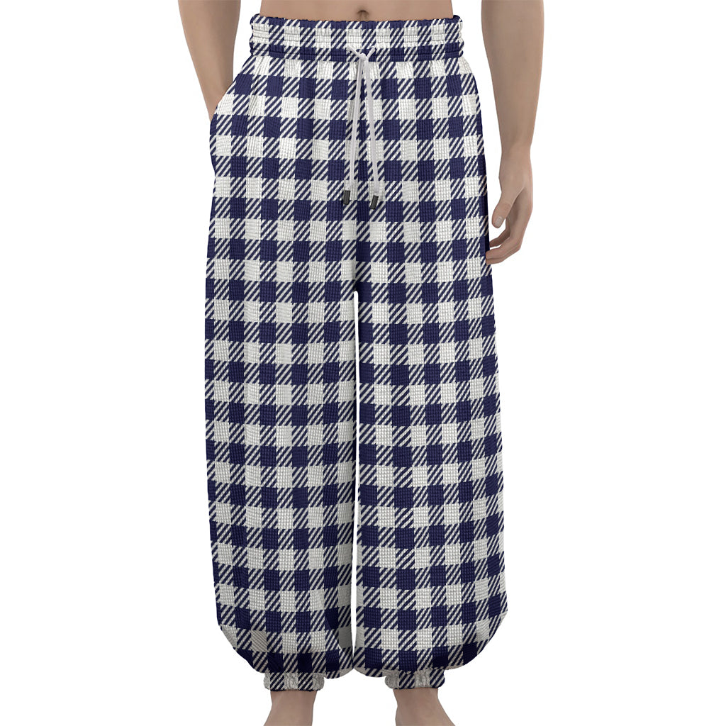 Navy And White Gingham Pattern Print Lantern Pants
