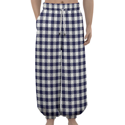 Navy And White Gingham Pattern Print Lantern Pants