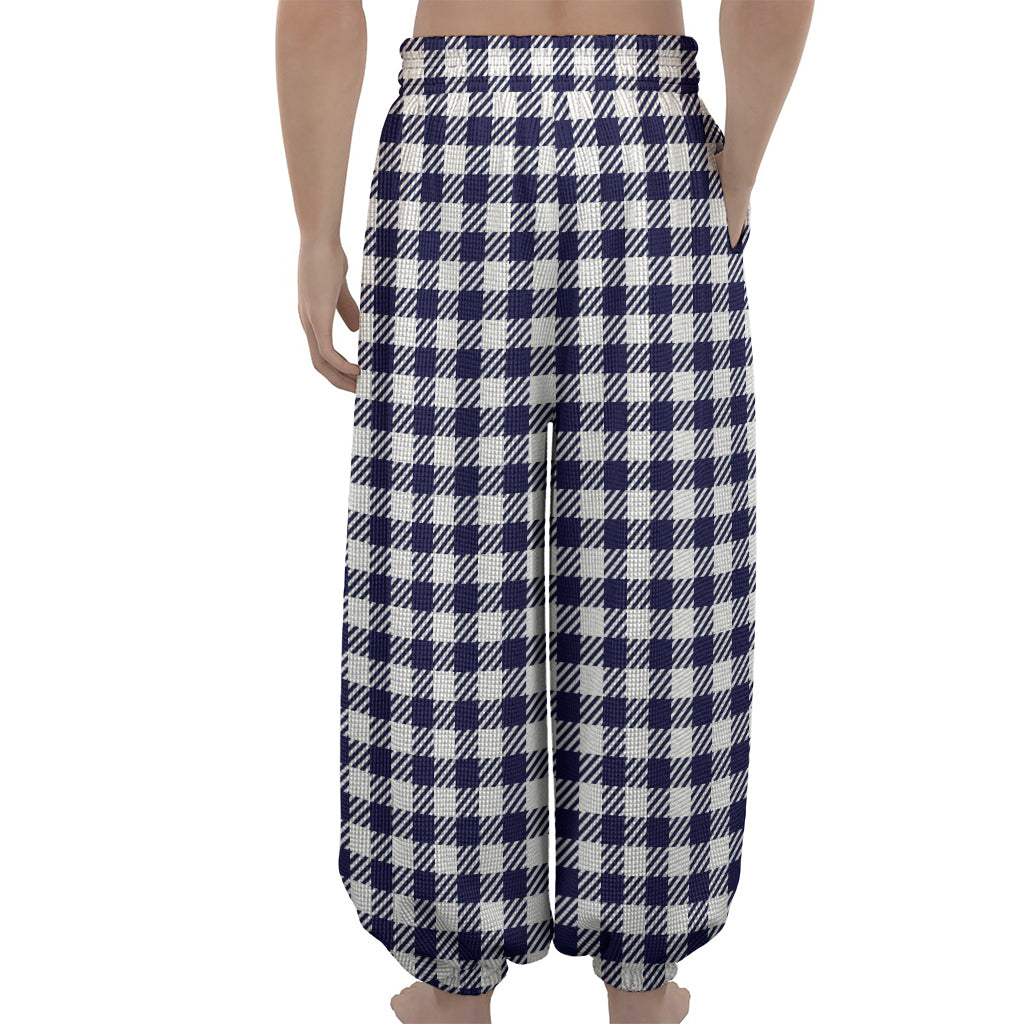 Navy And White Gingham Pattern Print Lantern Pants