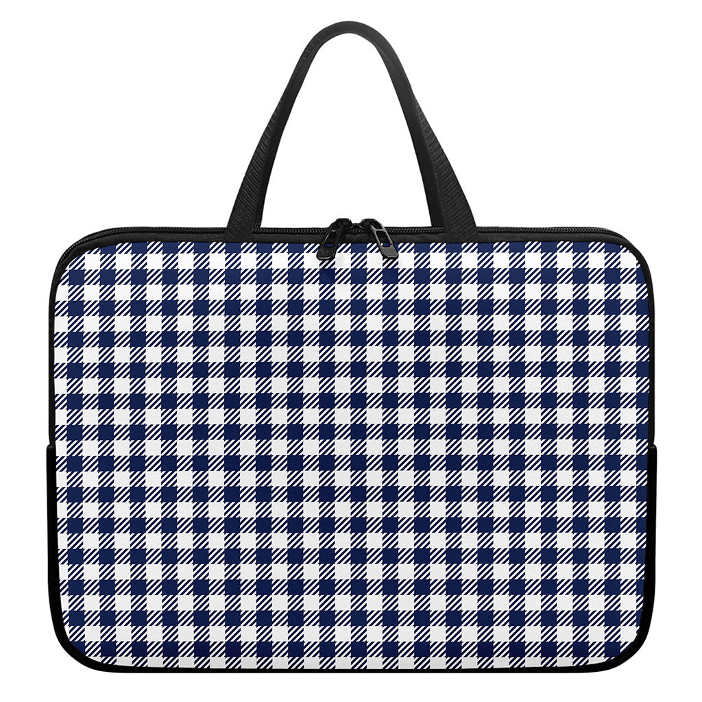 Navy And White Gingham Pattern Print Laptop Sleeve With Handle