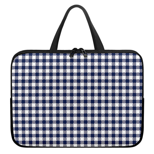 Navy And White Gingham Pattern Print Laptop Sleeve With Handle