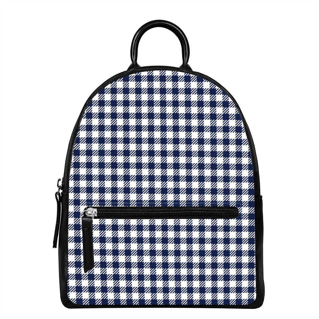 Navy And White Gingham Pattern Print Leather Backpack