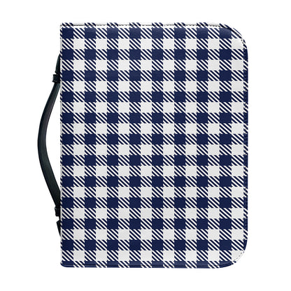 Navy And White Gingham Pattern Print Leather Bible Cover