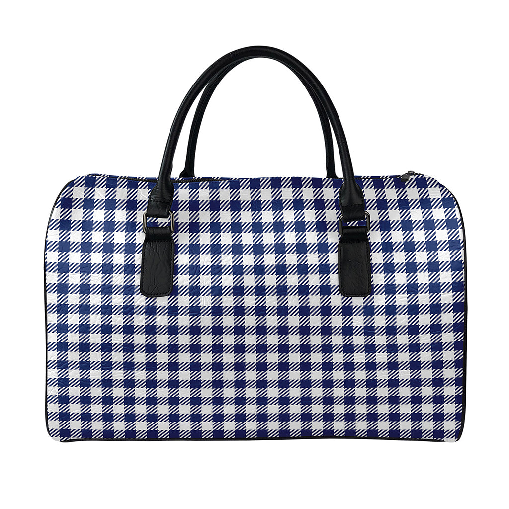 Navy And White Gingham Pattern Print Leather Duffle Bag