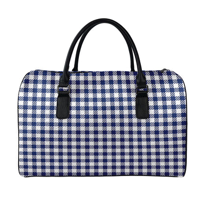 Navy And White Gingham Pattern Print Leather Duffle Bag