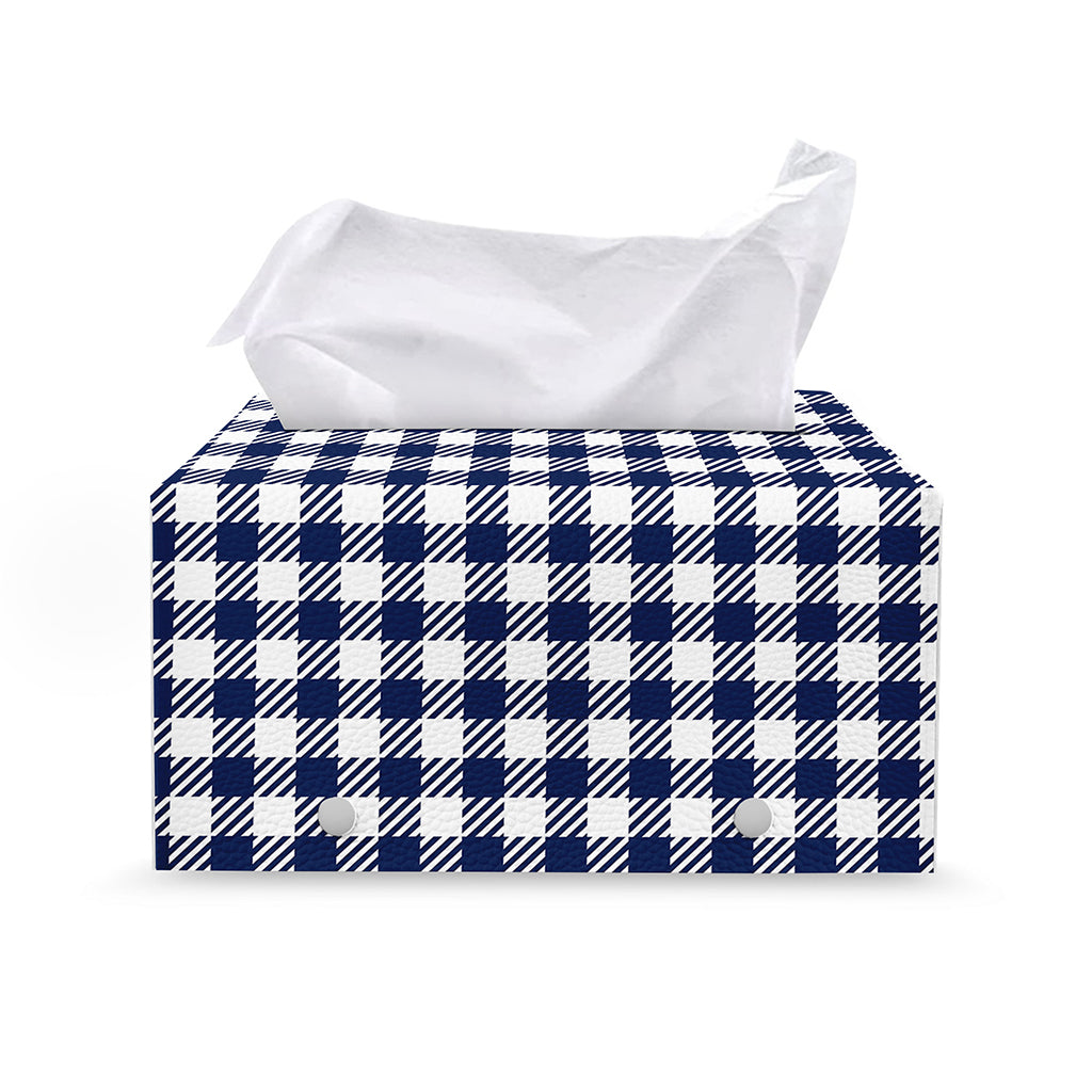 Navy And White Gingham Pattern Print Leather Tissue Box Cover