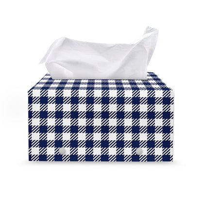 Navy And White Gingham Pattern Print Leather Tissue Box Cover