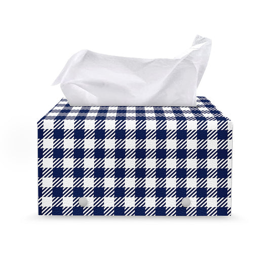 Navy And White Gingham Pattern Print Leather Tissue Box Cover