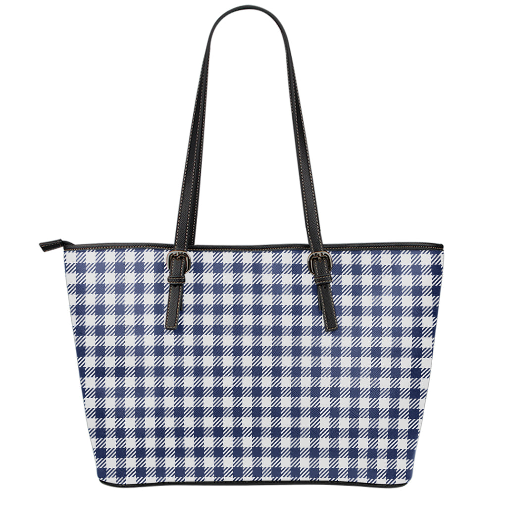 Navy And White Gingham Pattern Print Leather Tote Bag