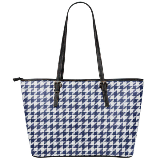 Navy And White Gingham Pattern Print Leather Tote Bag