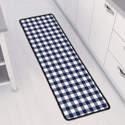 Navy And White Gingham Pattern Print Long Kitchen Mat