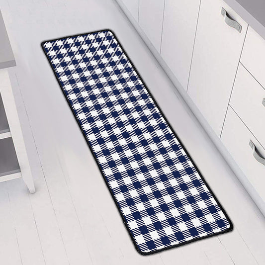 Navy And White Gingham Pattern Print Long Kitchen Mat