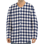Navy And White Gingham Pattern Print Long Sleeve Baseball Jersey