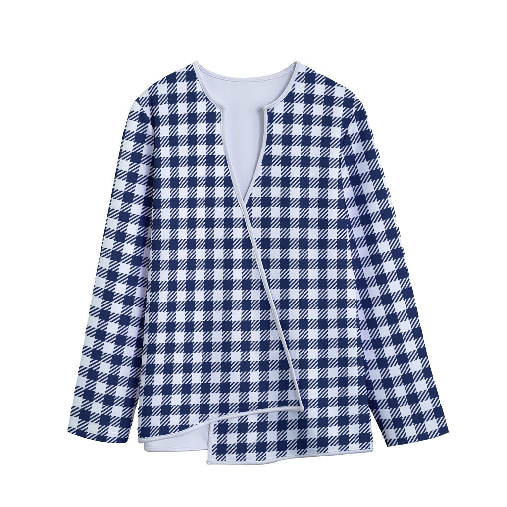 Navy And White Gingham Pattern Print Long Sleeve Short Coat