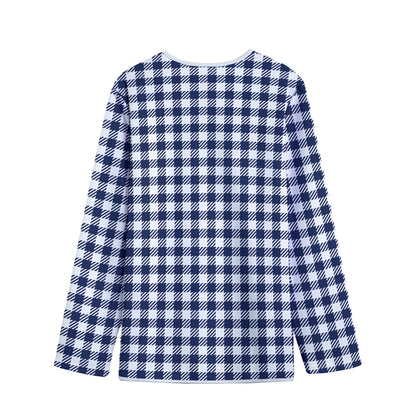 Navy And White Gingham Pattern Print Long Sleeve Short Coat