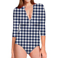 Navy And White Gingham Pattern Print Long Sleeve Swimsuit