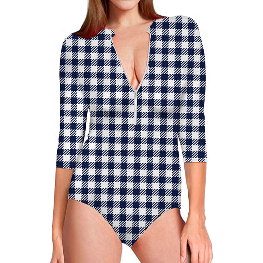 Navy And White Gingham Pattern Print Long Sleeve Swimsuit