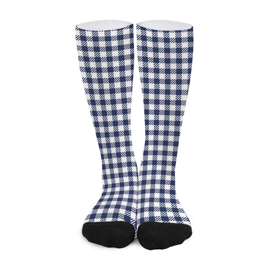 Navy And White Gingham Pattern Print Long Socks