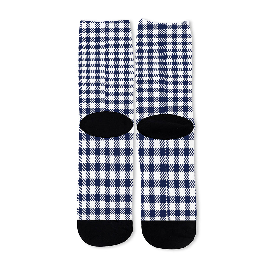 Navy And White Gingham Pattern Print Long Socks