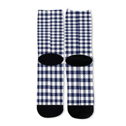 Navy And White Gingham Pattern Print Long Socks