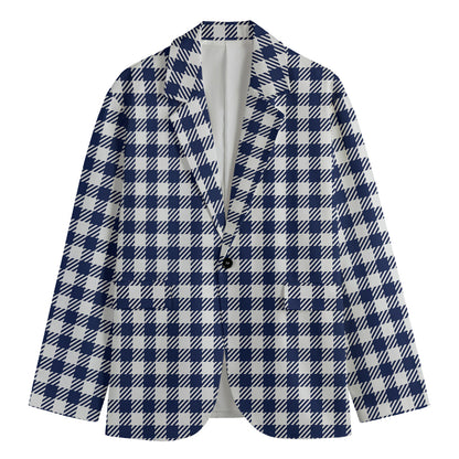 Navy And White Gingham Pattern Print Men's Blazer