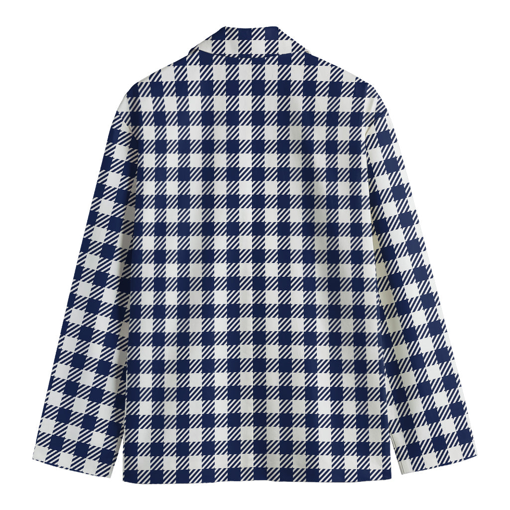 Navy And White Gingham Pattern Print Men's Blazer