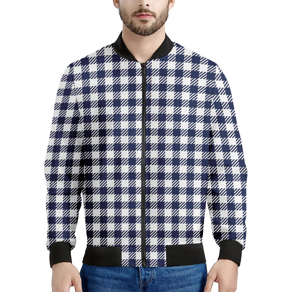 Navy And White Gingham Pattern Print Men's Bomber Jacket