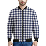 Navy And White Gingham Pattern Print Men's Bomber Jacket