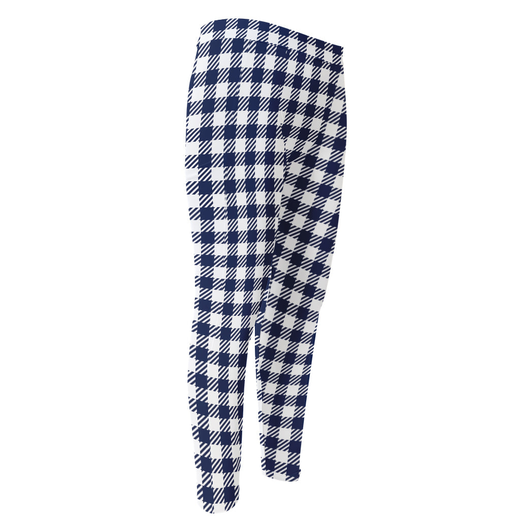 Navy And White Gingham Pattern Print Men's Compression Pants