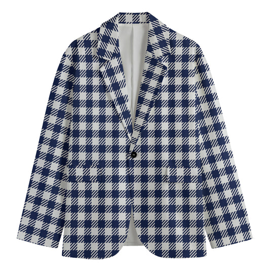 Navy And White Gingham Pattern Print Men's Cotton Blazer