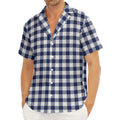Navy And White Gingham Pattern Print Men's Deep V-Neck Shirt