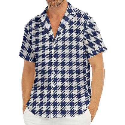 Navy And White Gingham Pattern Print Men's Deep V-Neck Shirt