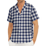 Navy And White Gingham Pattern Print Men's Deep V-Neck Shirt