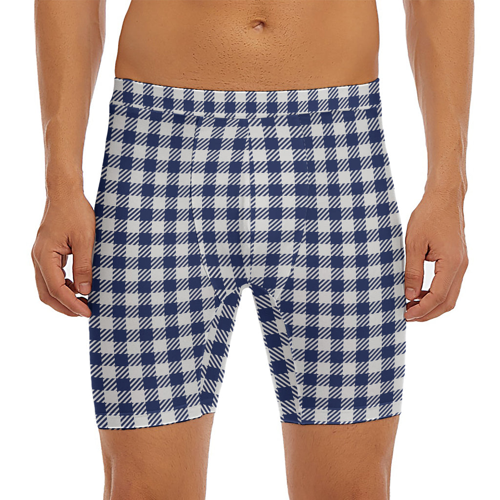 Navy And White Gingham Pattern Print Men's Long Boxer Briefs