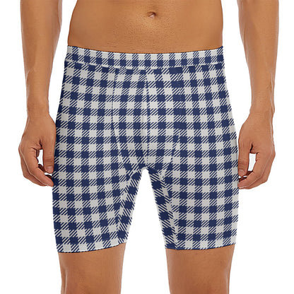 Navy And White Gingham Pattern Print Men's Long Boxer Briefs