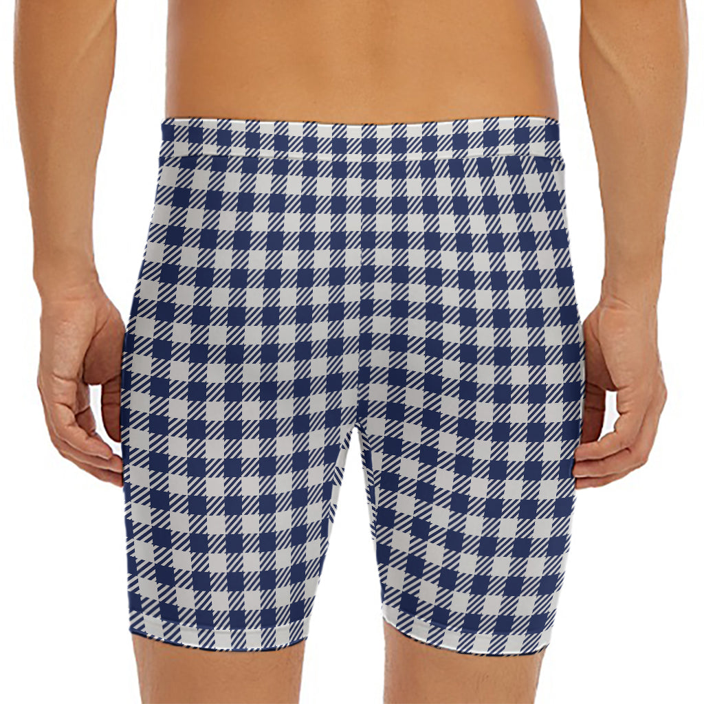 Navy And White Gingham Pattern Print Men's Long Boxer Briefs