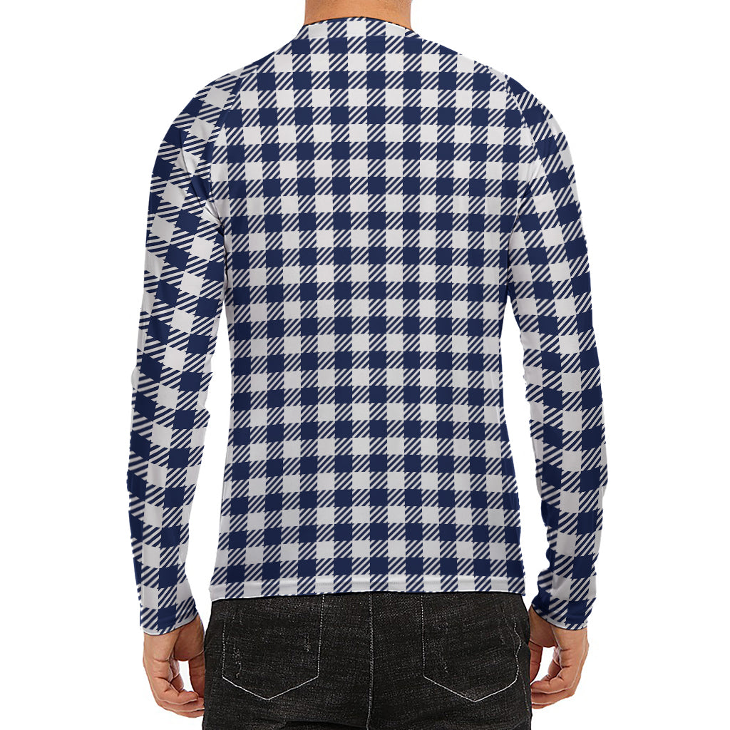 Navy And White Gingham Pattern Print Men's Long Sleeve Rash Guard