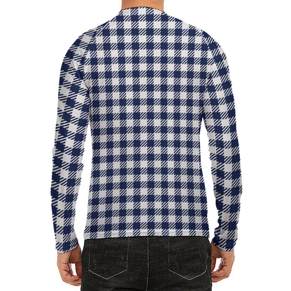 Navy And White Gingham Pattern Print Men's Long Sleeve Rash Guard