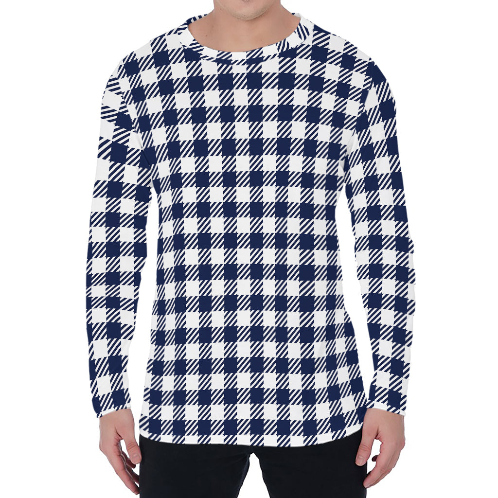 Navy And White Gingham Pattern Print Men's Long Sleeve T-Shirt