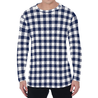 Navy And White Gingham Pattern Print Men's Long Sleeve T-Shirt