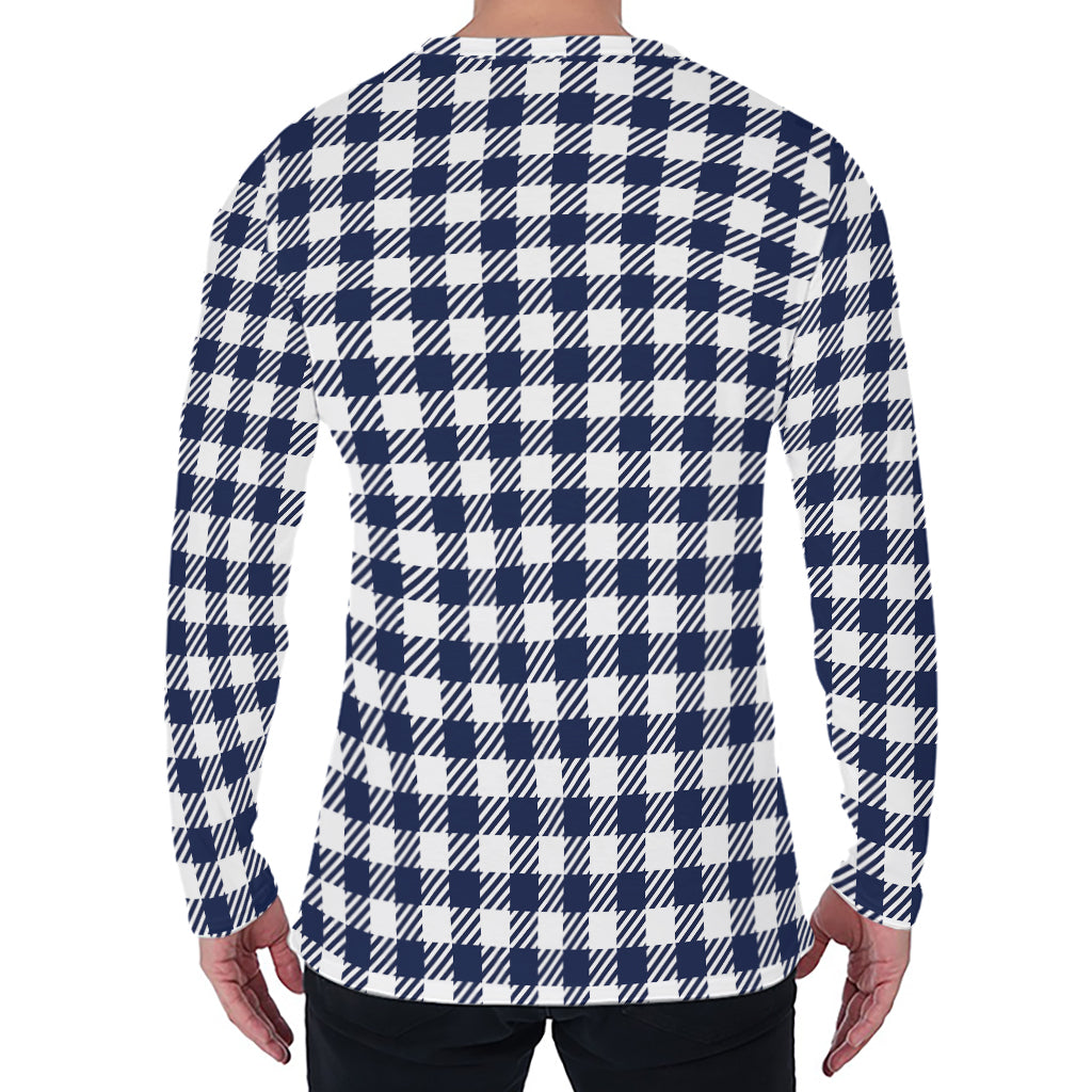 Navy And White Gingham Pattern Print Men's Long Sleeve T-Shirt