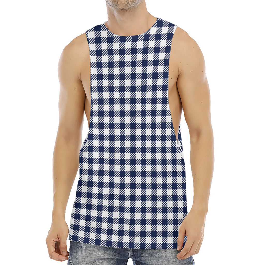 Navy And White Gingham Pattern Print Men's Muscle Tank Top