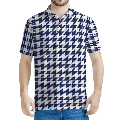 Navy And White Gingham Pattern Print Men's Polo Shirt