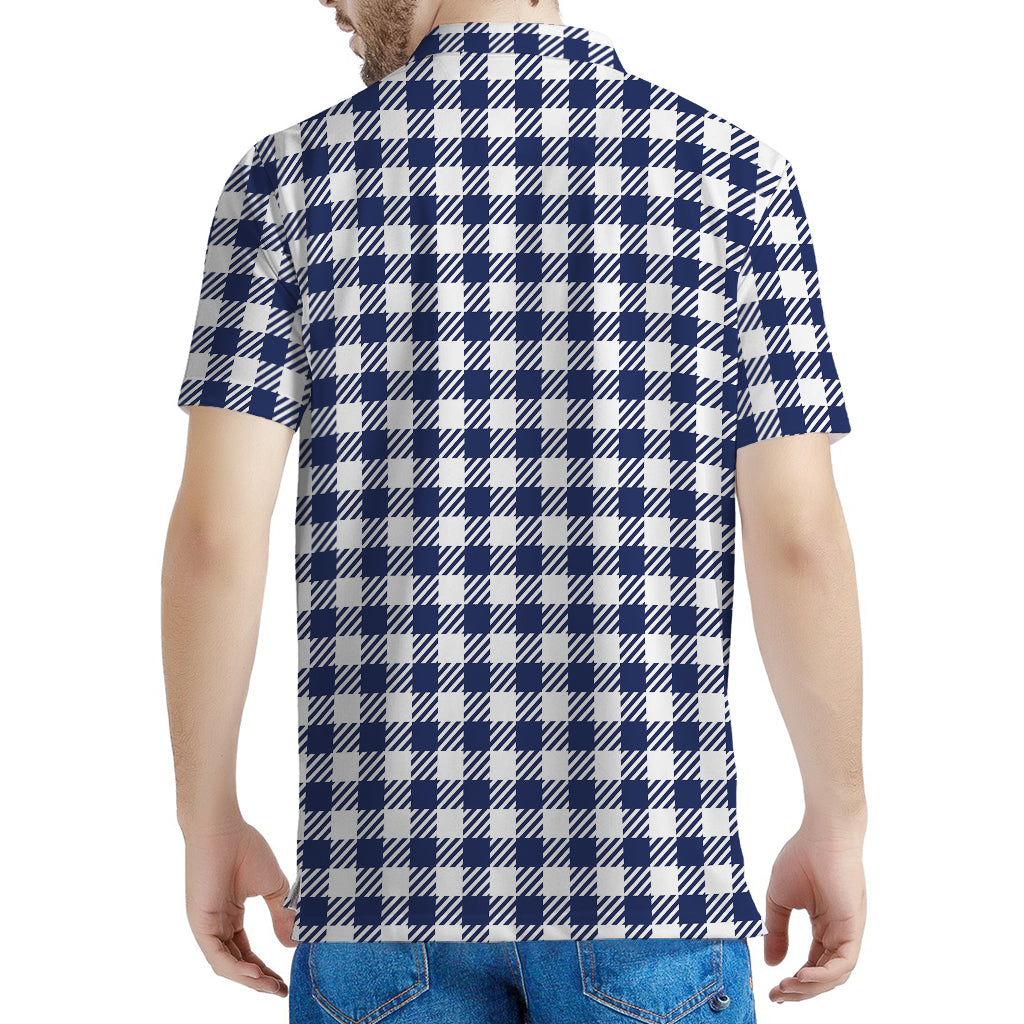 Navy And White Gingham Pattern Print Men's Polo Shirt