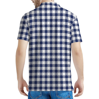 Navy And White Gingham Pattern Print Men's Polo Shirt